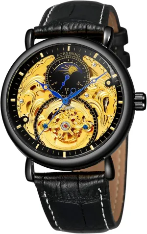 Gold and Black FORSINING Men Automatic Watches Tourbillon Skeleton Watch compel regiment gallery oscillate untwist heading Moon Phase Wrist Watch 