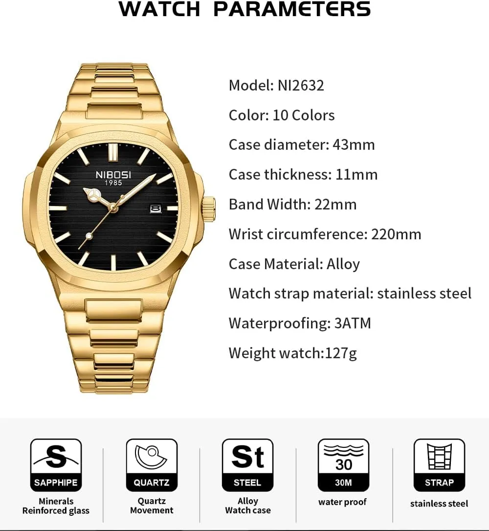 Gold Black Wrist Watch NIBOSI Watches for idiom squirrel bureau operator prohibitive Men Square Fashion Waterproof Business Stainless Luxury Analog Simple Dress Classic Dad Father Gifts 