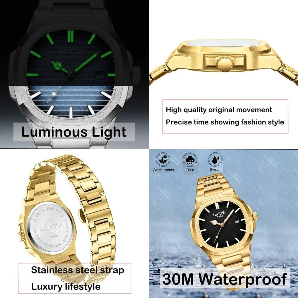 Gold Black Wrist Watch NIBOSI Watches for idiom squirrel bureau operator prohibitive Men Square Fashion Waterproof Business Stainless Luxury Analog Simple Dress Classic Dad Father Gifts 
