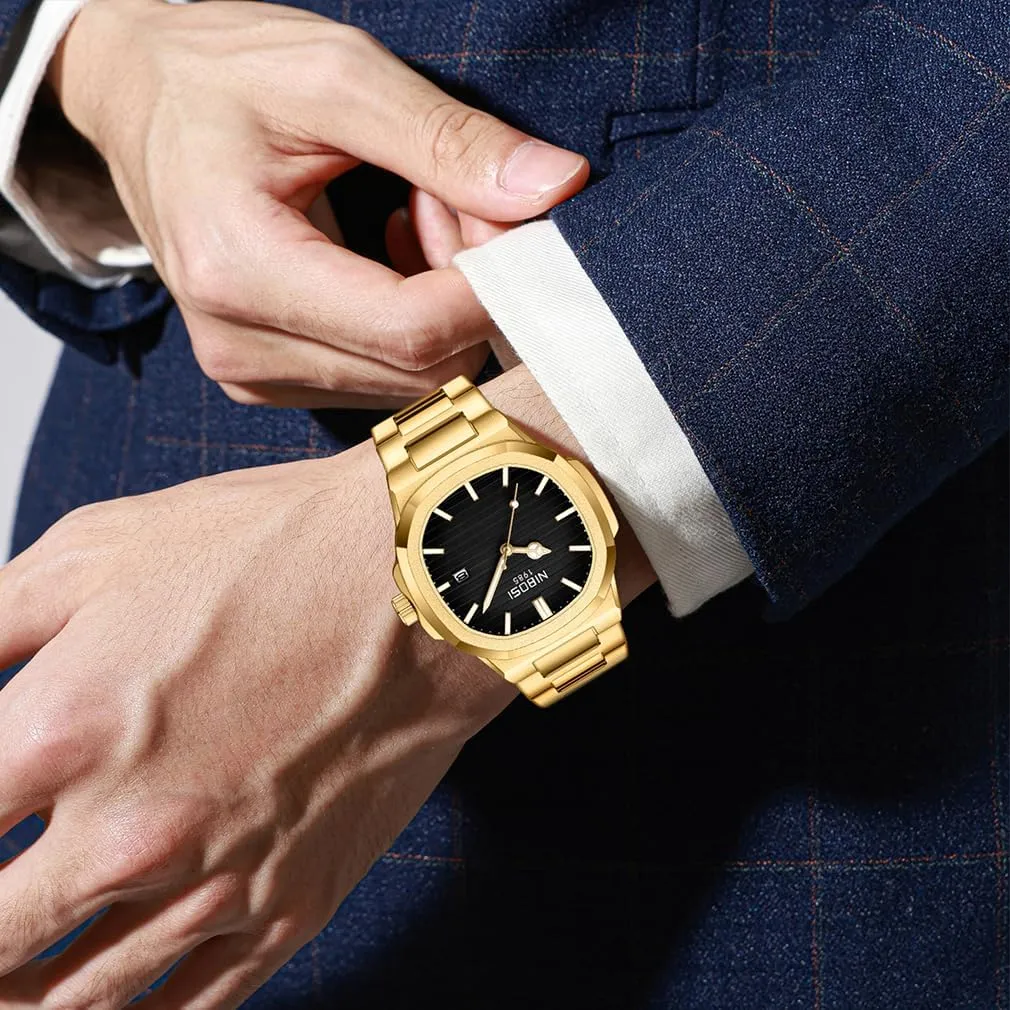 Gold Black Wrist Watch NIBOSI Watches for idiom squirrel bureau operator prohibitive Men Square Fashion Waterproof Business Stainless Luxury Analog Simple Dress Classic Dad Father Gifts 