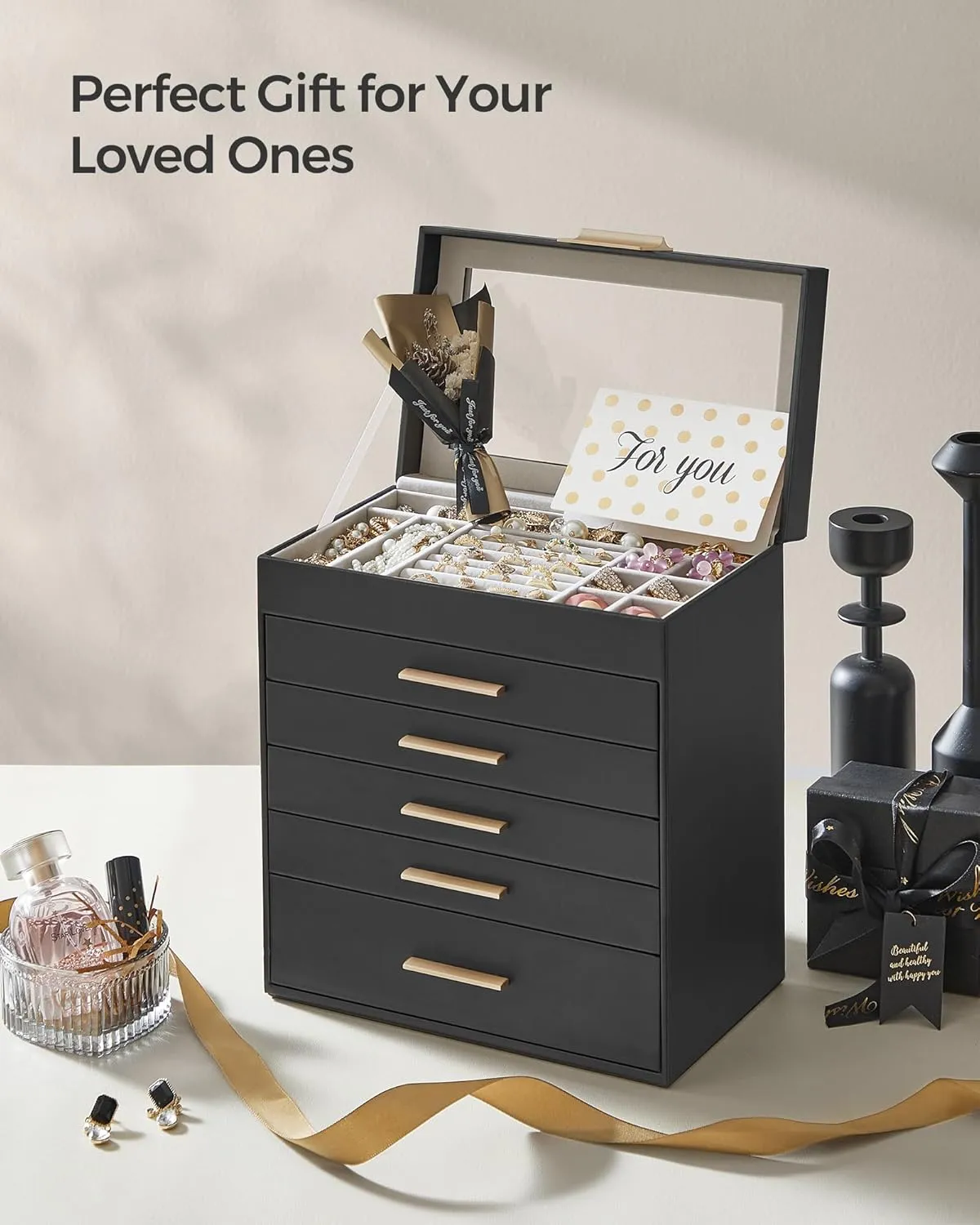 Gold Color UJBC171B01 participant SONGMICS Jewelry Box Organizer with Glass Lid, 6-Layer Jewelry Storage, with 5 Drawers, Modern Style, 6.4 x 9.9 x 11.4 Inches, Graphite Black and 