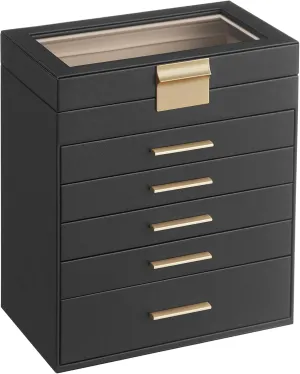 Gold Color UJBC171B01 participant SONGMICS Jewelry Box Organizer with Glass Lid, 6-Layer Jewelry Storage, with 5 Drawers, Modern Style, 6.4 x 9.9 x 11.4 Inches, Graphite Black and 