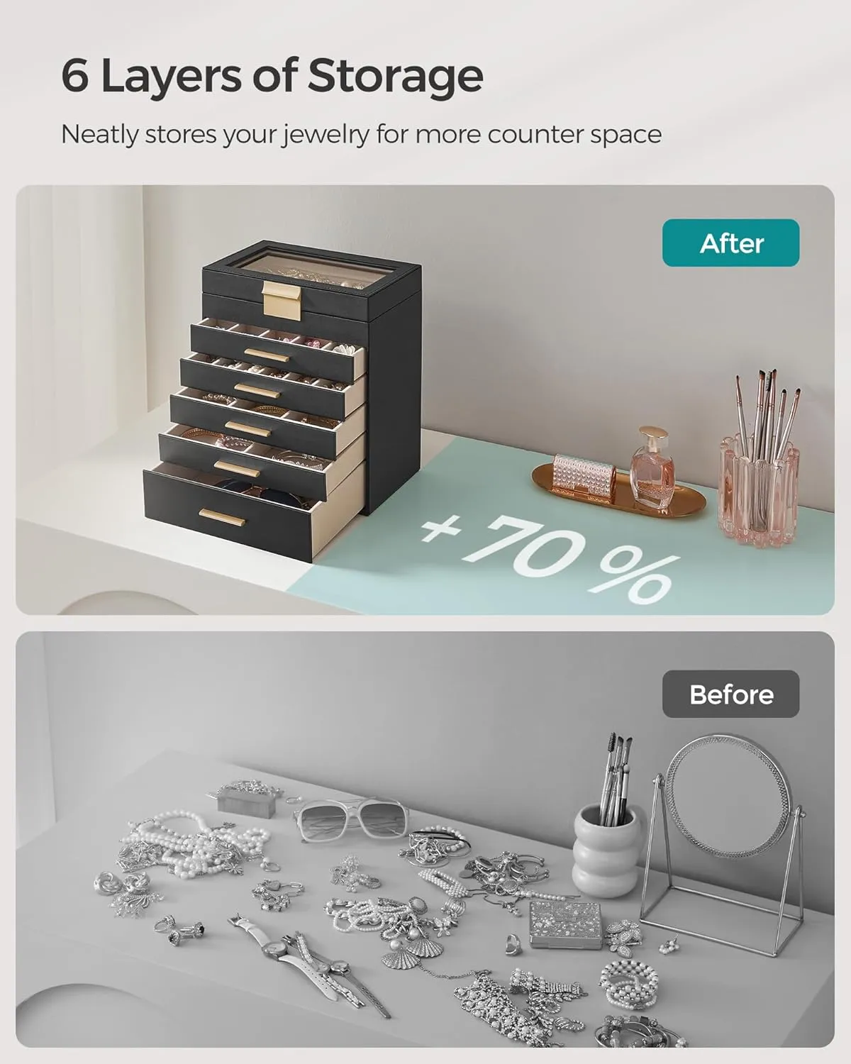 Gold Color UJBC171B01 participant SONGMICS Jewelry Box Organizer with Glass Lid, 6-Layer Jewelry Storage, with 5 Drawers, Modern Style, 6.4 x 9.9 x 11.4 Inches, Graphite Black and 