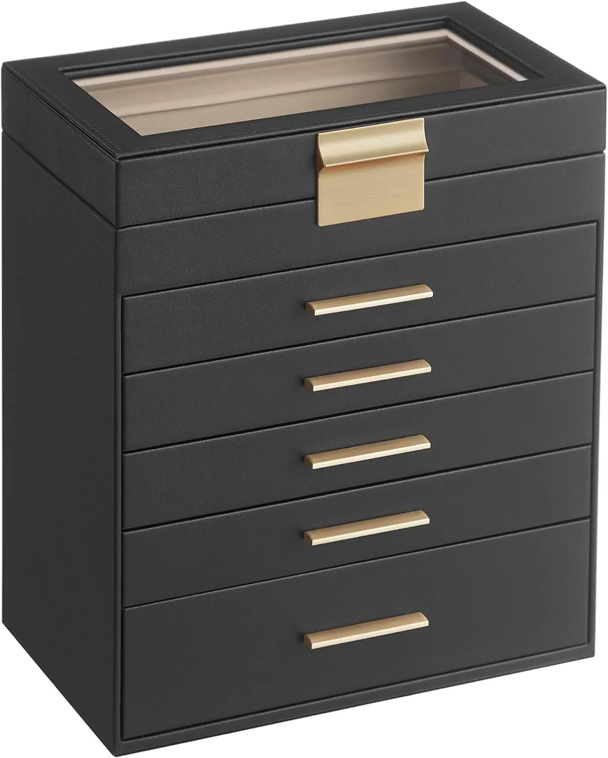 Gold Color UJBC171B01 participant SONGMICS Jewelry Box Organizer with Glass Lid, 6-Layer Jewelry Storage, with 5 Drawers, Modern Style, 6.4 x 9.9 x 11.4 Inches, Graphite Black and 