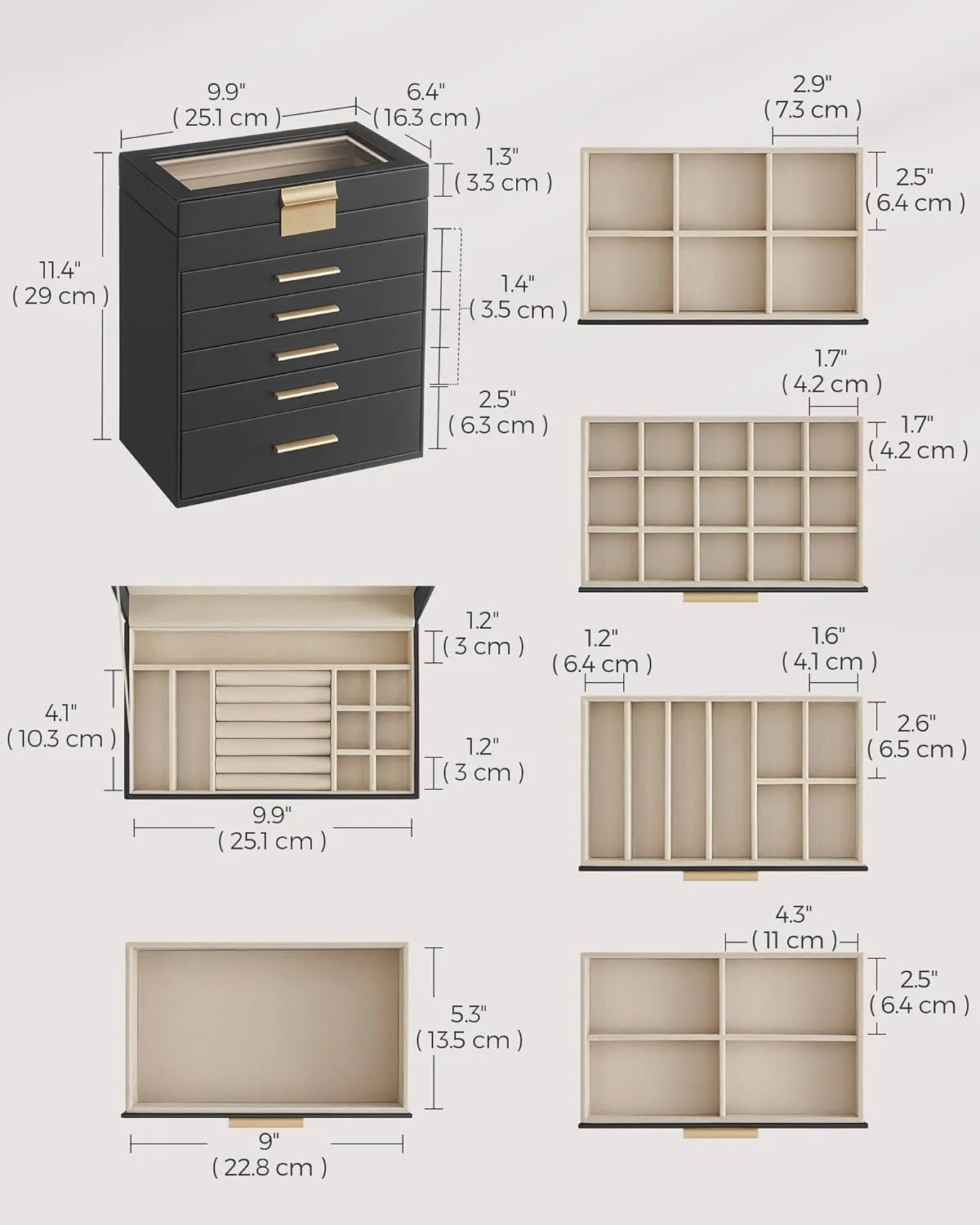 Gold Color UJBC171B01 participant SONGMICS Jewelry Box Organizer with Glass Lid, 6-Layer Jewelry Storage, with 5 Drawers, Modern Style, 6.4 x 9.9 x 11.4 Inches, Graphite Black and 