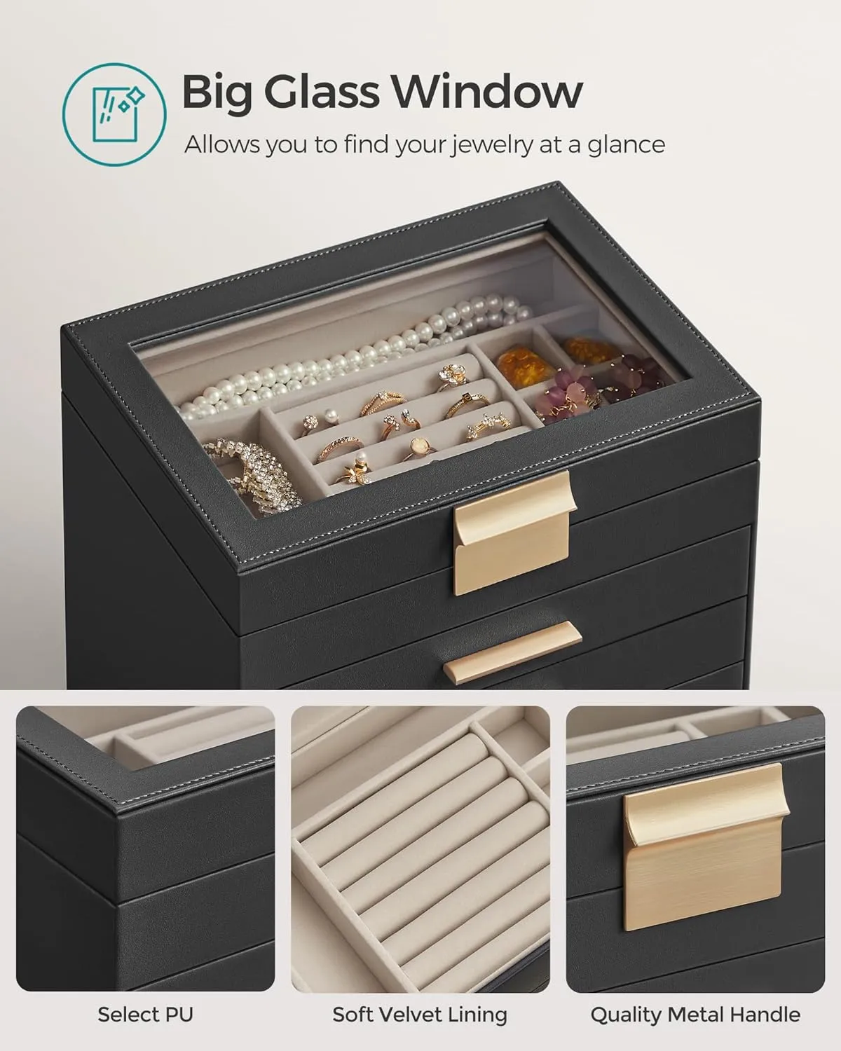Gold Color UJBC171B01 participant SONGMICS Jewelry Box Organizer with Glass Lid, 6-Layer Jewelry Storage, with 5 Drawers, Modern Style, 6.4 x 9.9 x 11.4 Inches, Graphite Black and 
