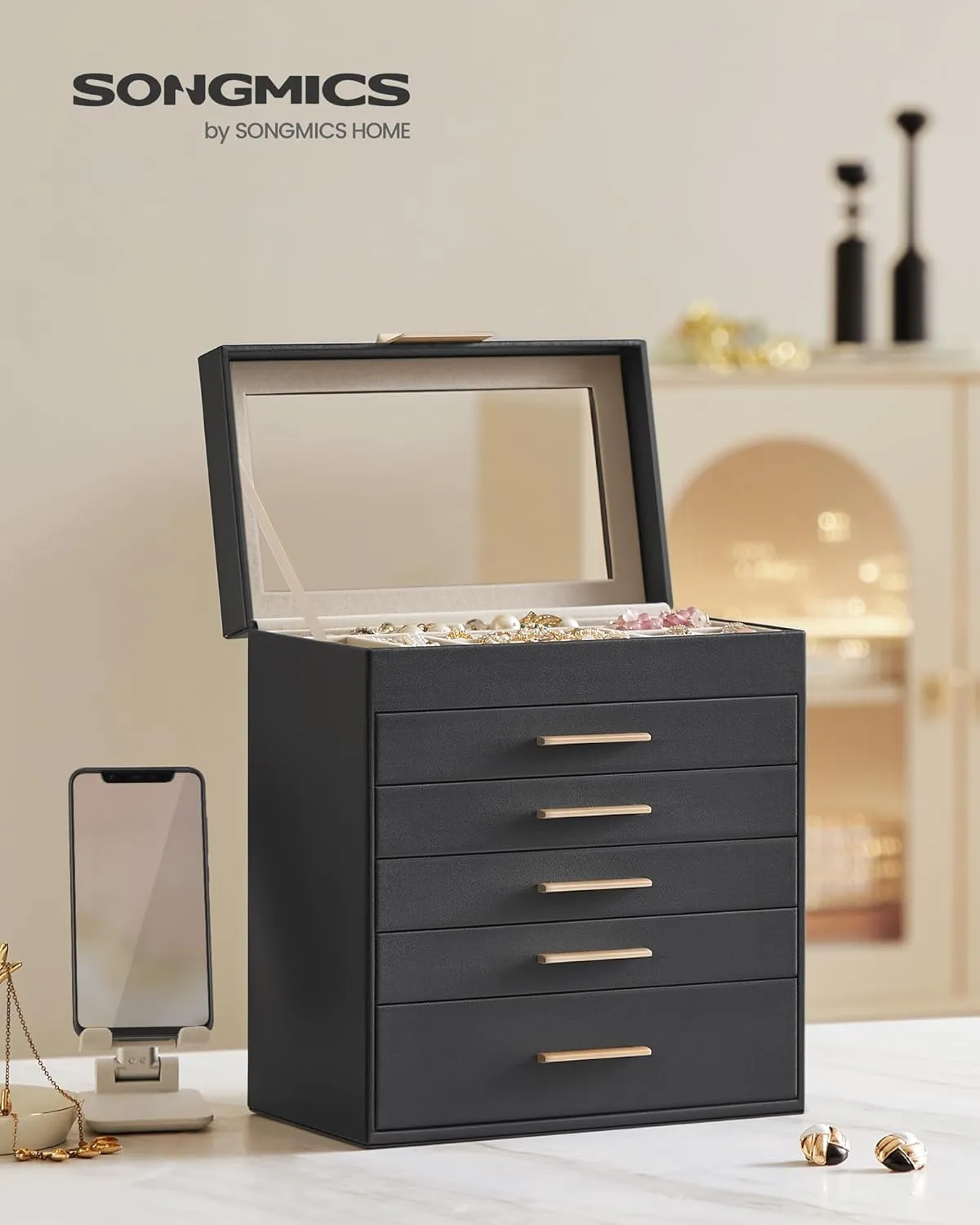 Gold Color UJBC171B01 participant SONGMICS Jewelry Box Organizer with Glass Lid, 6-Layer Jewelry Storage, with 5 Drawers, Modern Style, 6.4 x 9.9 x 11.4 Inches, Graphite Black and 