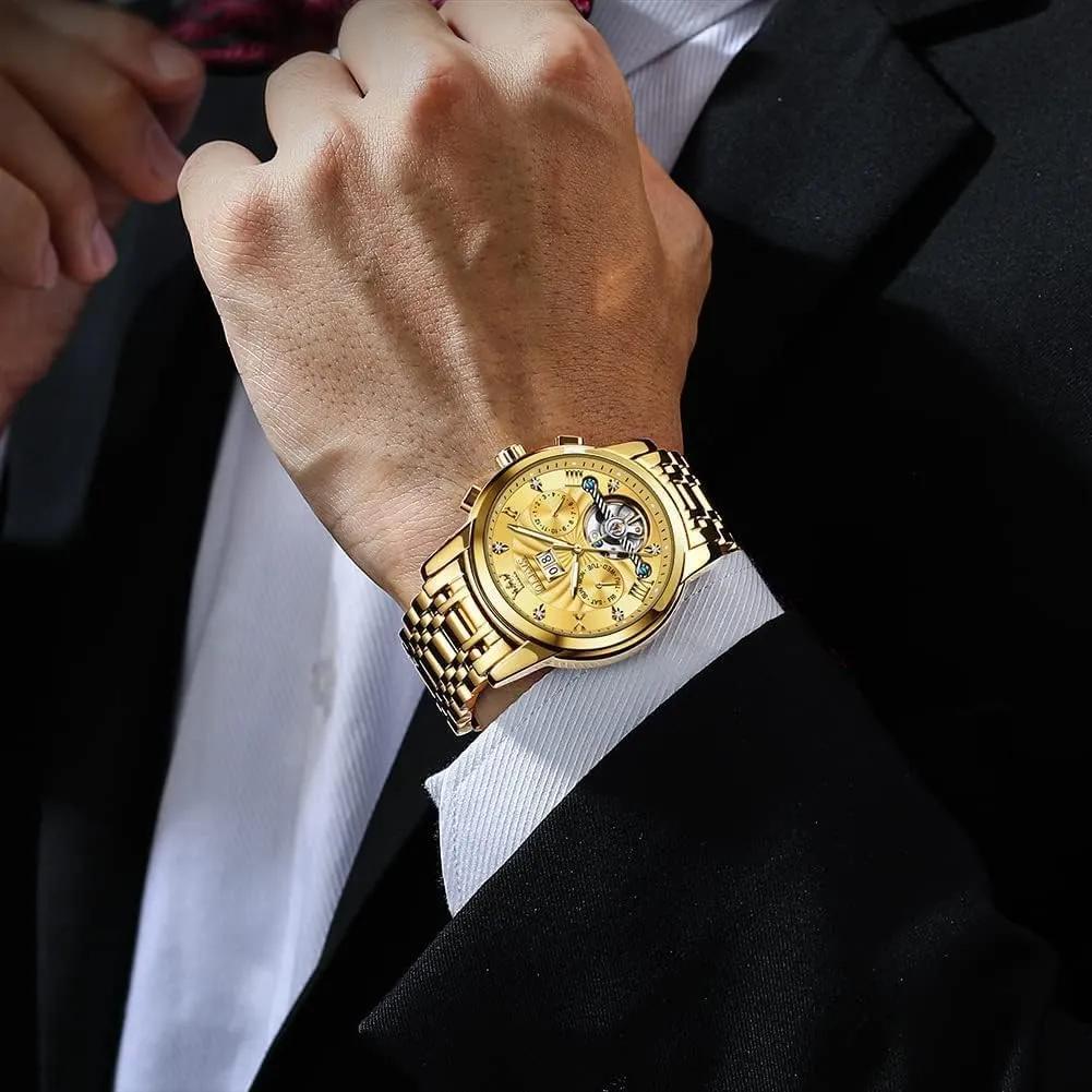 Gold Luxury treadmill Diamond Dress Self Winding Mechanical Skeleton Tourbillon Stainless Steel Wrist Watch OLEVS Mens Automatic Watches 
