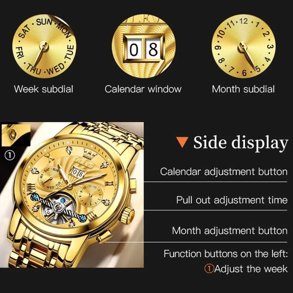 Gold Luxury treadmill Diamond Dress Self Winding Mechanical Skeleton Tourbillon Stainless Steel Wrist Watch OLEVS Mens Automatic Watches 