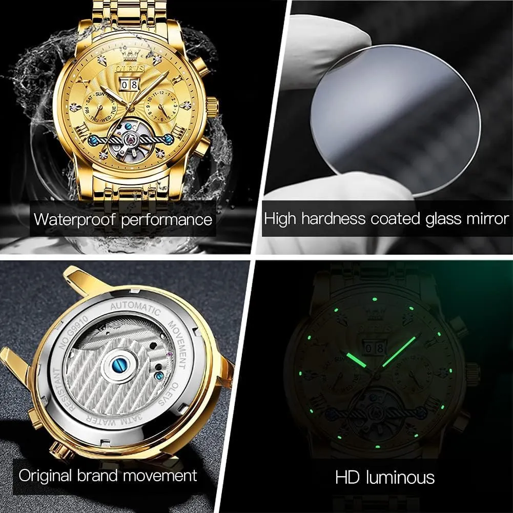 Gold Luxury treadmill Diamond Dress Self Winding Mechanical Skeleton Tourbillon Stainless Steel Wrist Watch OLEVS Mens Automatic Watches 