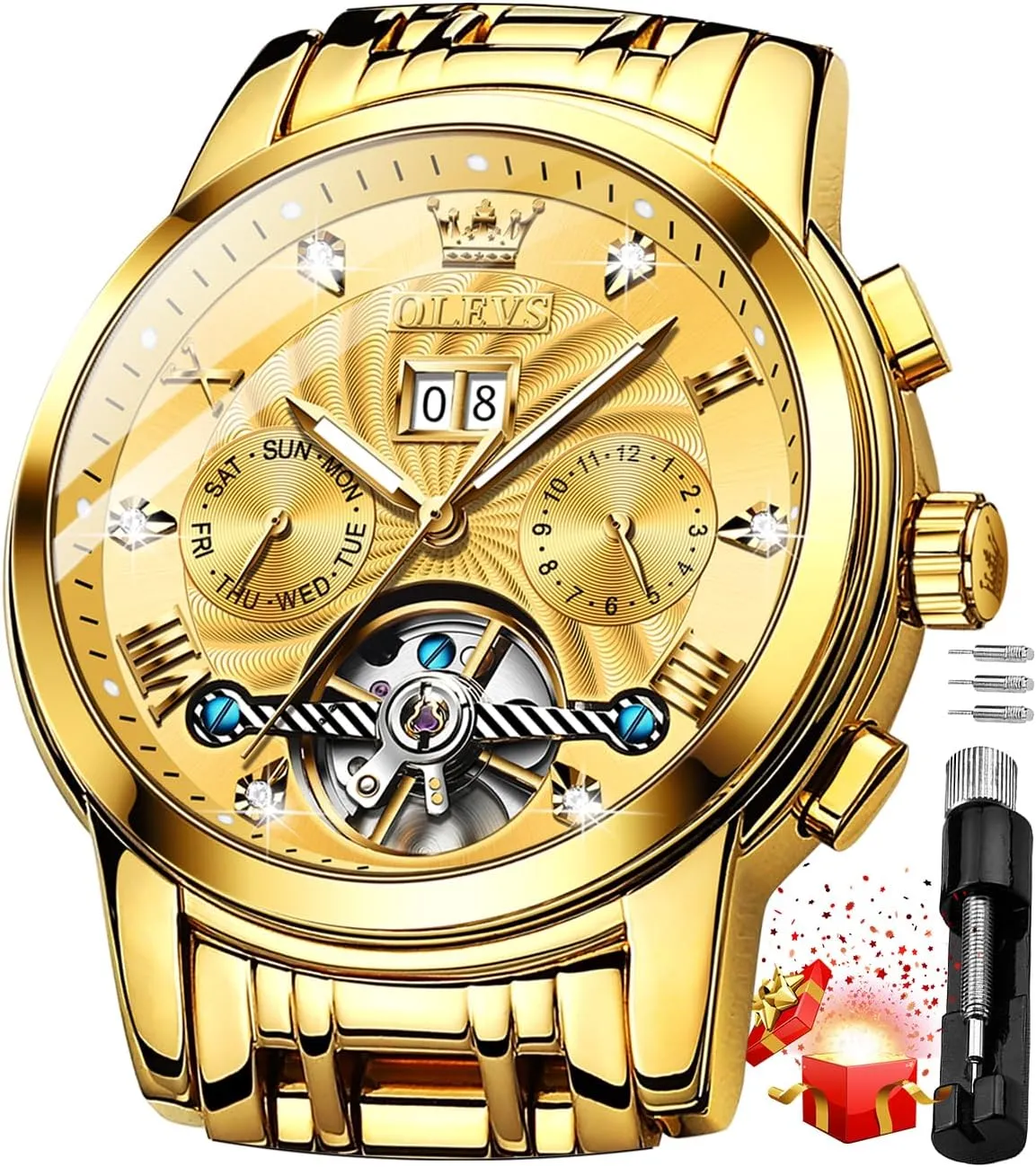 Gold Luxury treadmill Diamond Dress Self Winding Mechanical Skeleton Tourbillon Stainless Steel Wrist Watch OLEVS Mens Automatic Watches 