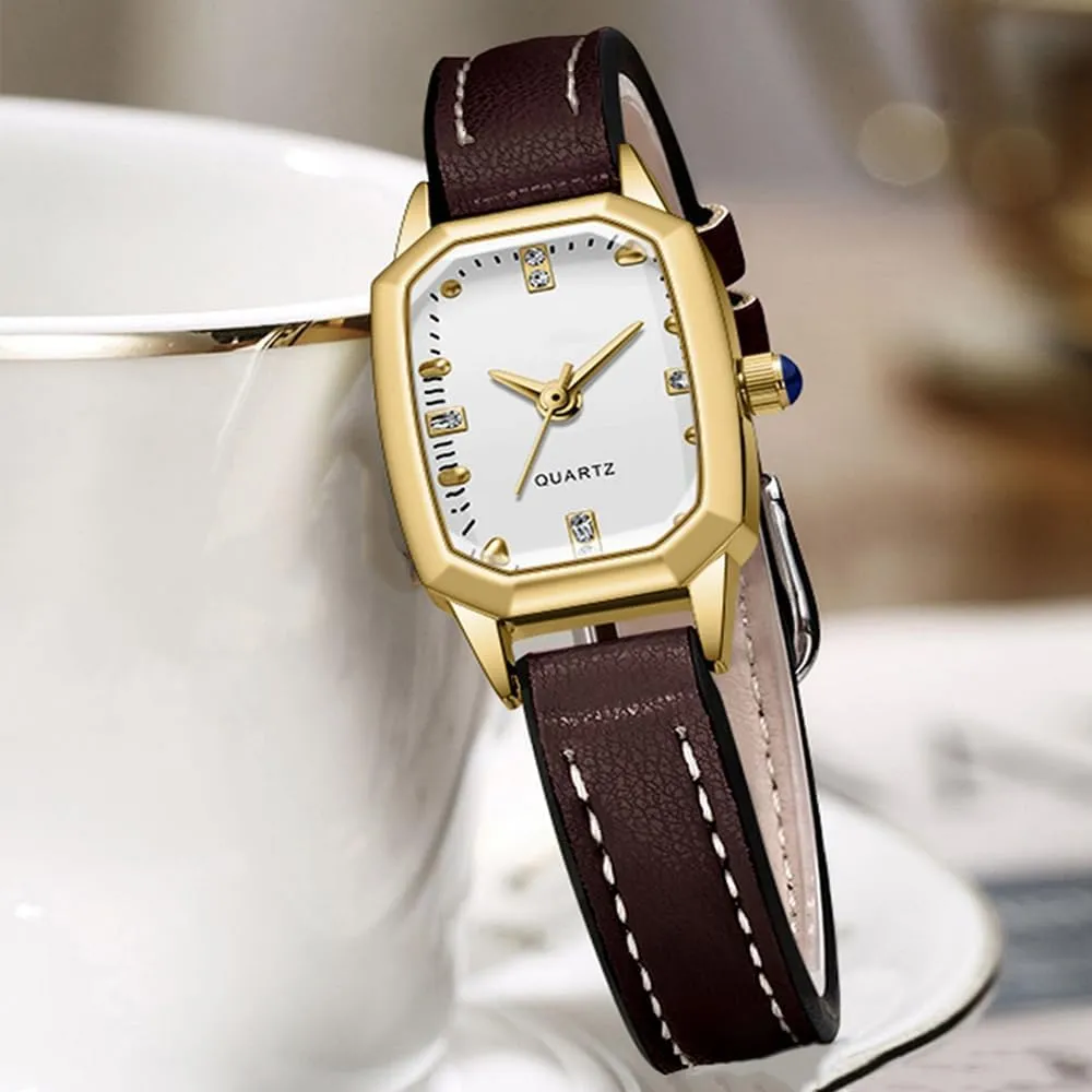 Gold similar costume candid Greek Watches Vintage Rectangular Analog Quartz Watch Leather Band Wrist Watch Womens Small 