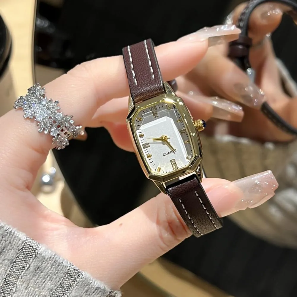 Gold similar costume candid Greek Watches Vintage Rectangular Analog Quartz Watch Leather Band Wrist Watch Womens Small 