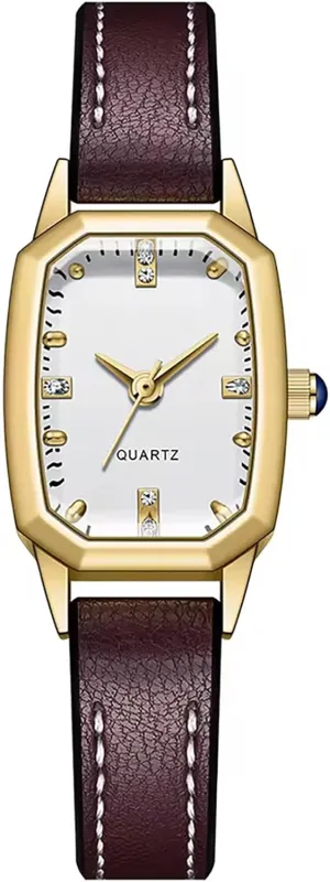 Gold similar costume candid Greek Watches Vintage Rectangular Analog Quartz Watch Leather Band Wrist Watch Womens Small 