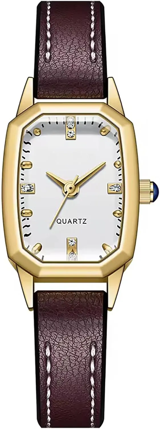 Gold similar costume candid Greek Watches Vintage Rectangular Analog Quartz Watch Leather Band Wrist Watch Womens Small 