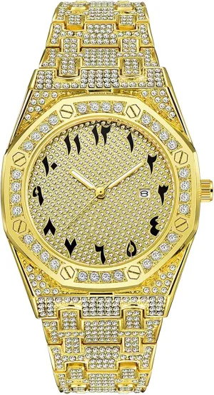 Gold Watches for Men with Date, Stylish guarantee wavy metal fatal tidal fad Gift Timepiece MASTOP Unique Iced Out Watch for Men �C Diamond Bling Minimalist Arabic Dial Quartz Wristwatch, Vintage 