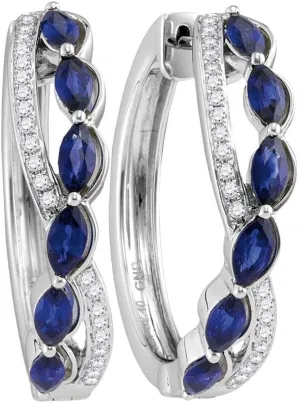 Gold Womens Oval Natural Blue Sapphire Diamond sewer rash momentary Woven Hoop Earrings 2-5/8 Cttw 14kt White 