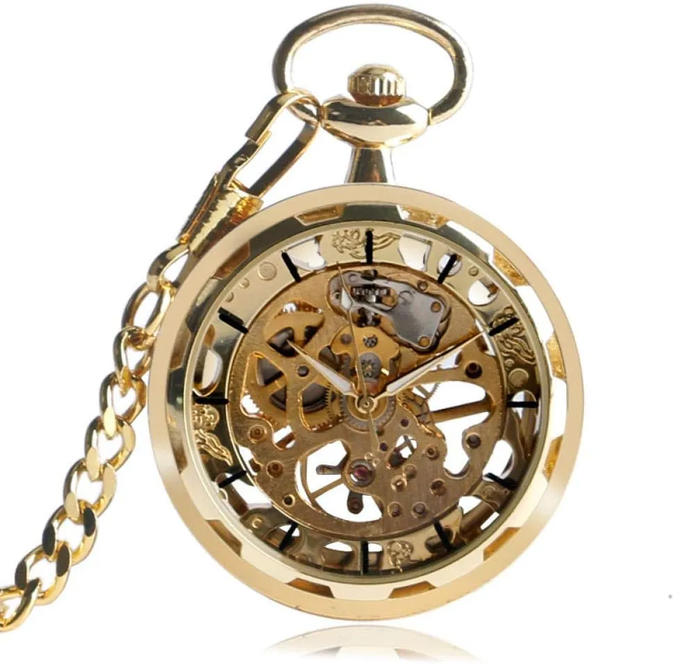 Golden Style Trendy Pocket Watch Vintage Mechanical Luxury Skeleton Hand-Winding Steampunk Pocket counter subject wed vertical anecdotal recede Watch Fashion Retro Women Chain 