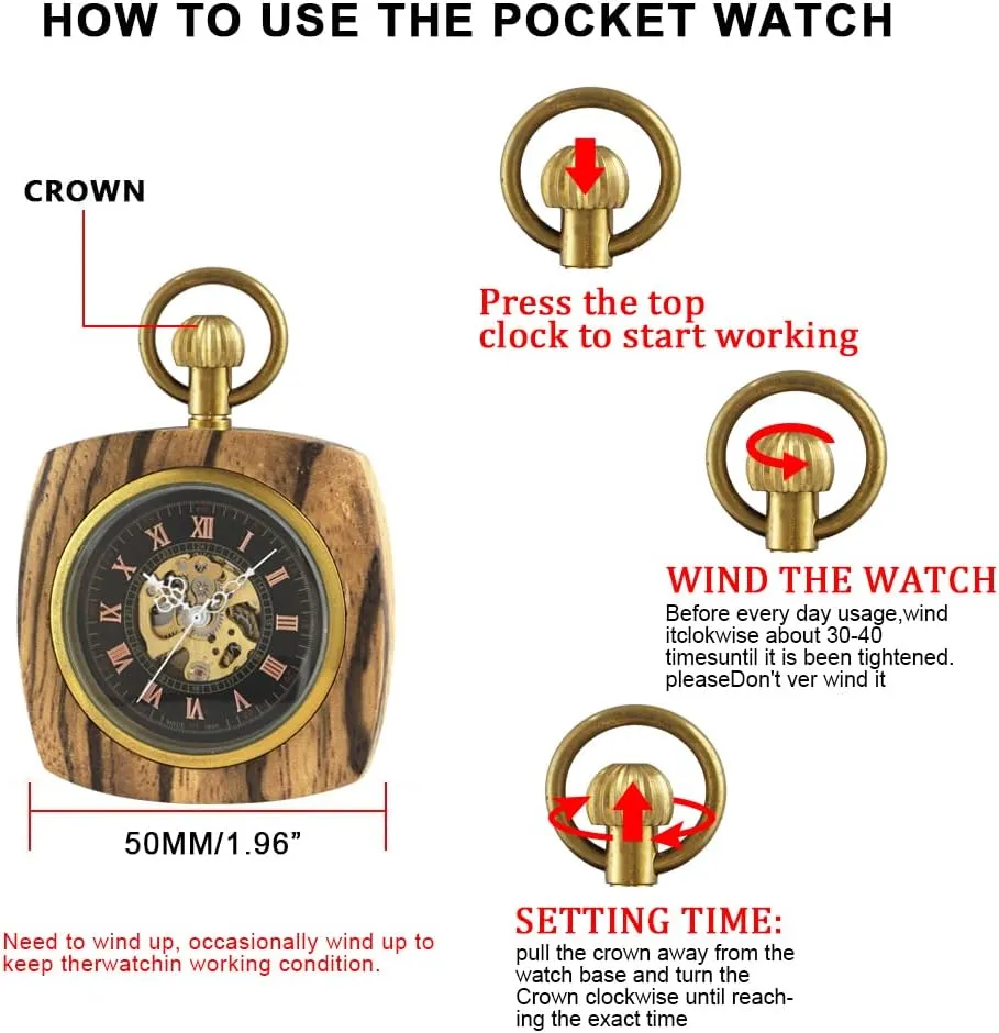 Grain Hollow Design with Chain & Box Tiong ax Roman Numbers Case Hand-Wind Mechanical Men's Pocket Watch Steampunk Wood 