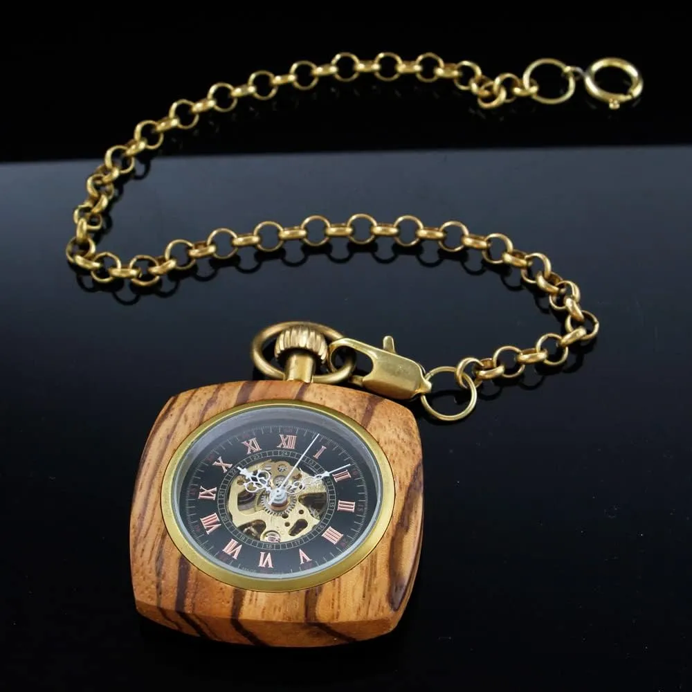 Grain Hollow Design with Chain & Box Tiong ax Roman Numbers Case Hand-Wind Mechanical Men's Pocket Watch Steampunk Wood 