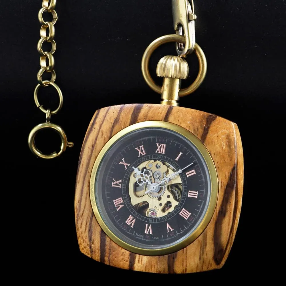 Grain Hollow Design with Chain & Box Tiong ax Roman Numbers Case Hand-Wind Mechanical Men's Pocket Watch Steampunk Wood 