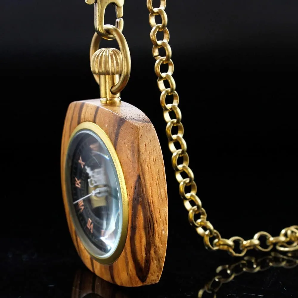 Grain Hollow Design with Chain & Box Tiong ax Roman Numbers Case Hand-Wind Mechanical Men's Pocket Watch Steampunk Wood 