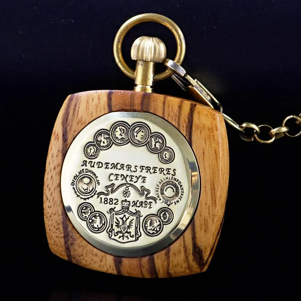 Grain Hollow Design with Chain & Box Tiong ax Roman Numbers Case Hand-Wind Mechanical Men's Pocket Watch Steampunk Wood 