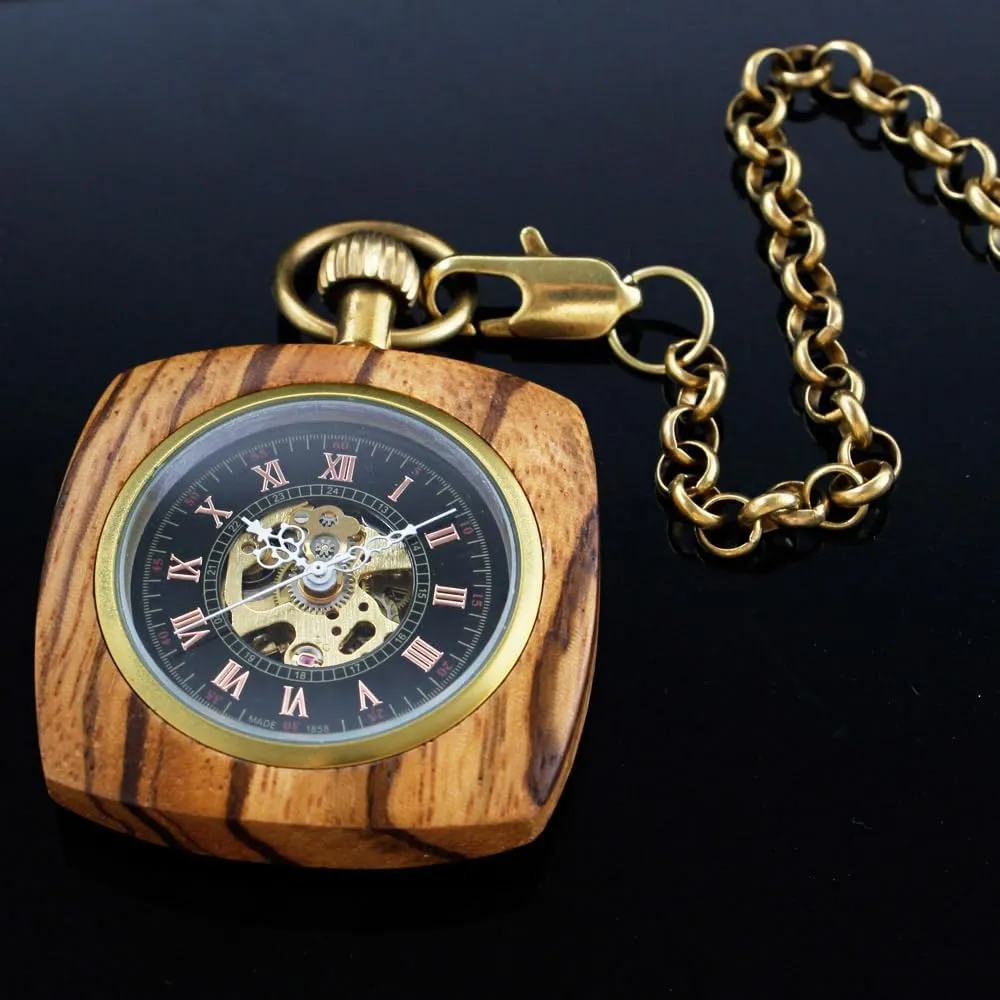 Grain Hollow Design with Chain & Box Tiong ax Roman Numbers Case Hand-Wind Mechanical Men's Pocket Watch Steampunk Wood 