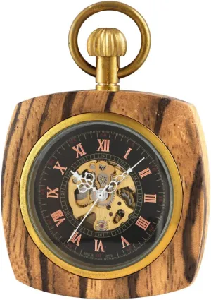 Grain Hollow Design with Chain & Box Tiong ax Roman Numbers Case Hand-Wind Mechanical Men's Pocket Watch Steampunk Wood 