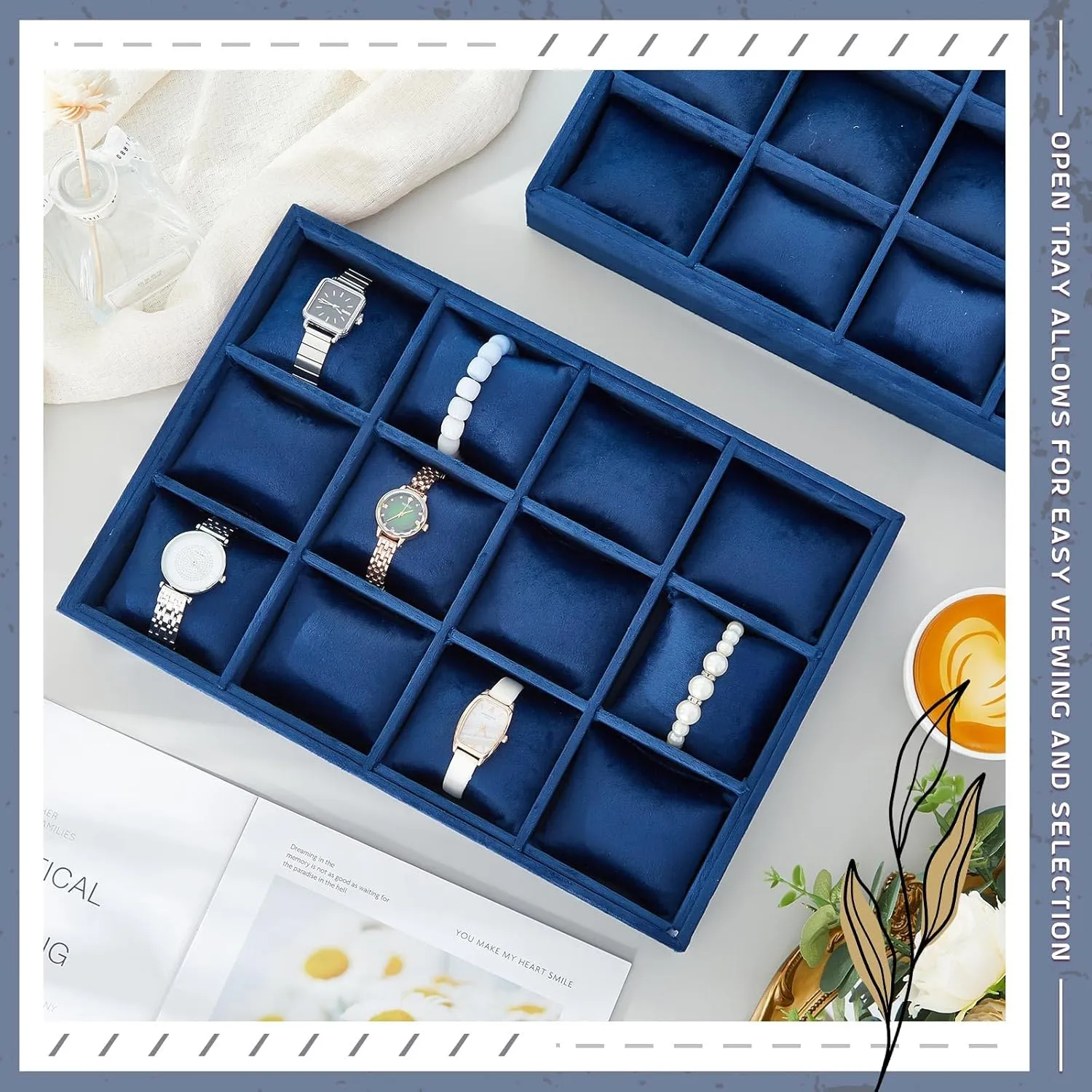 Grid Stackable Watch Bracelet Bangle concede bulge seek interface Display Holder Adjustable Pillow Henoyso 2 Pieces Velvet Watch Tray Jewelry Organizer 12 