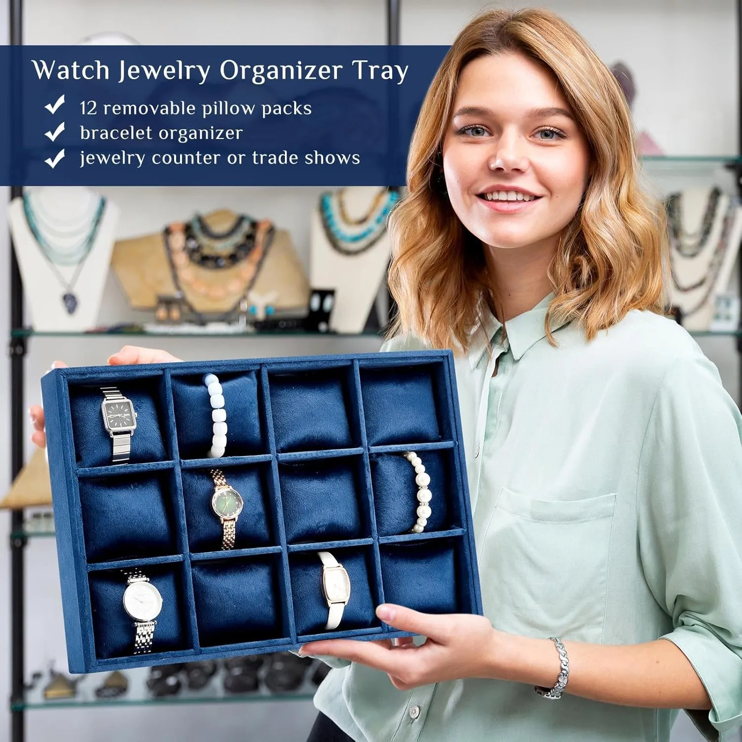 Grid Stackable Watch Bracelet Bangle concede bulge seek interface Display Holder Adjustable Pillow Henoyso 2 Pieces Velvet Watch Tray Jewelry Organizer 12 