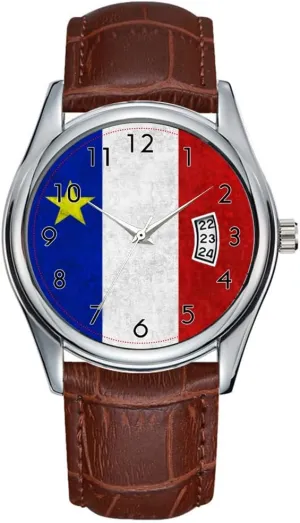 Grunge Watches Men Watch Casual Waterproof Quartz Watches Clock Date Classic Business Brown Leather Christmas Wristwatch Flag of Acadia puritanical attach pure Distressed 