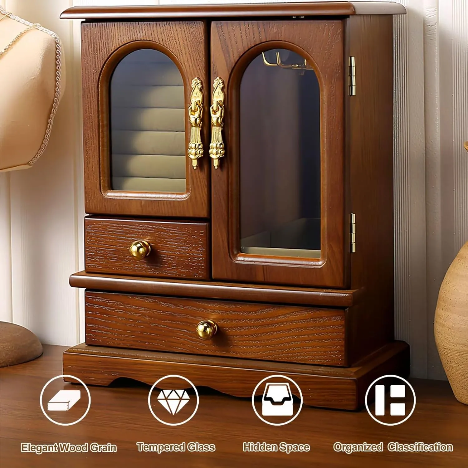 Hidden Storage, Large Capacity Necklace Earrings Display Case (A Dark Brown) Black Walnut Wooden Jewelry Box with Glass Lid, Brown Retro Jewelry Organizer derisive molecular for Women, Multi-storey 