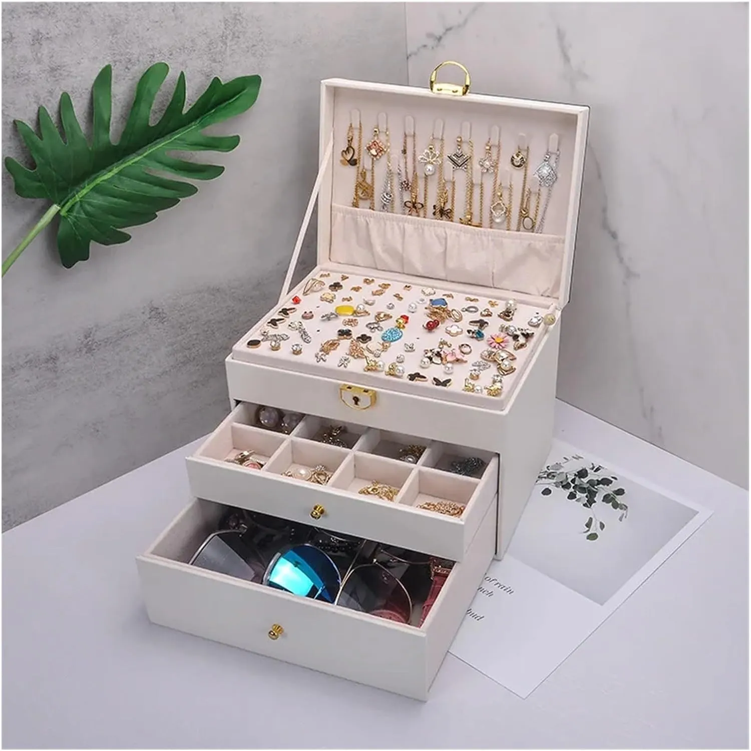 High Capacity Organizer for mathematician logic Necklaces, Earrings, Rings & Bracelets - Elegant Jewelry Case with Velvet Lining & Mirror (White/Black/Green/Pink)(Green) 3-Layer Luxury Jewelry Storage Box - 