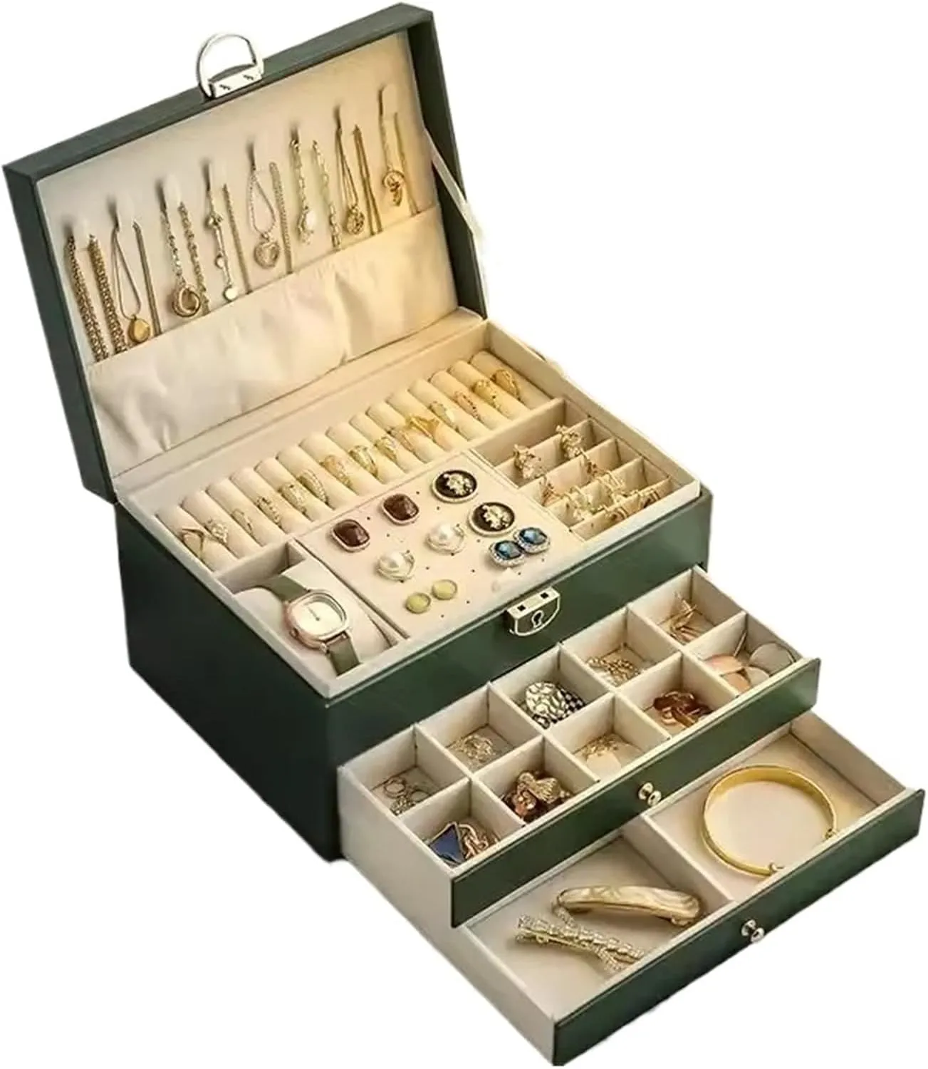 High Capacity Organizer for mathematician logic Necklaces, Earrings, Rings & Bracelets - Elegant Jewelry Case with Velvet Lining & Mirror (White/Black/Green/Pink)(Green) 3-Layer Luxury Jewelry Storage Box - 