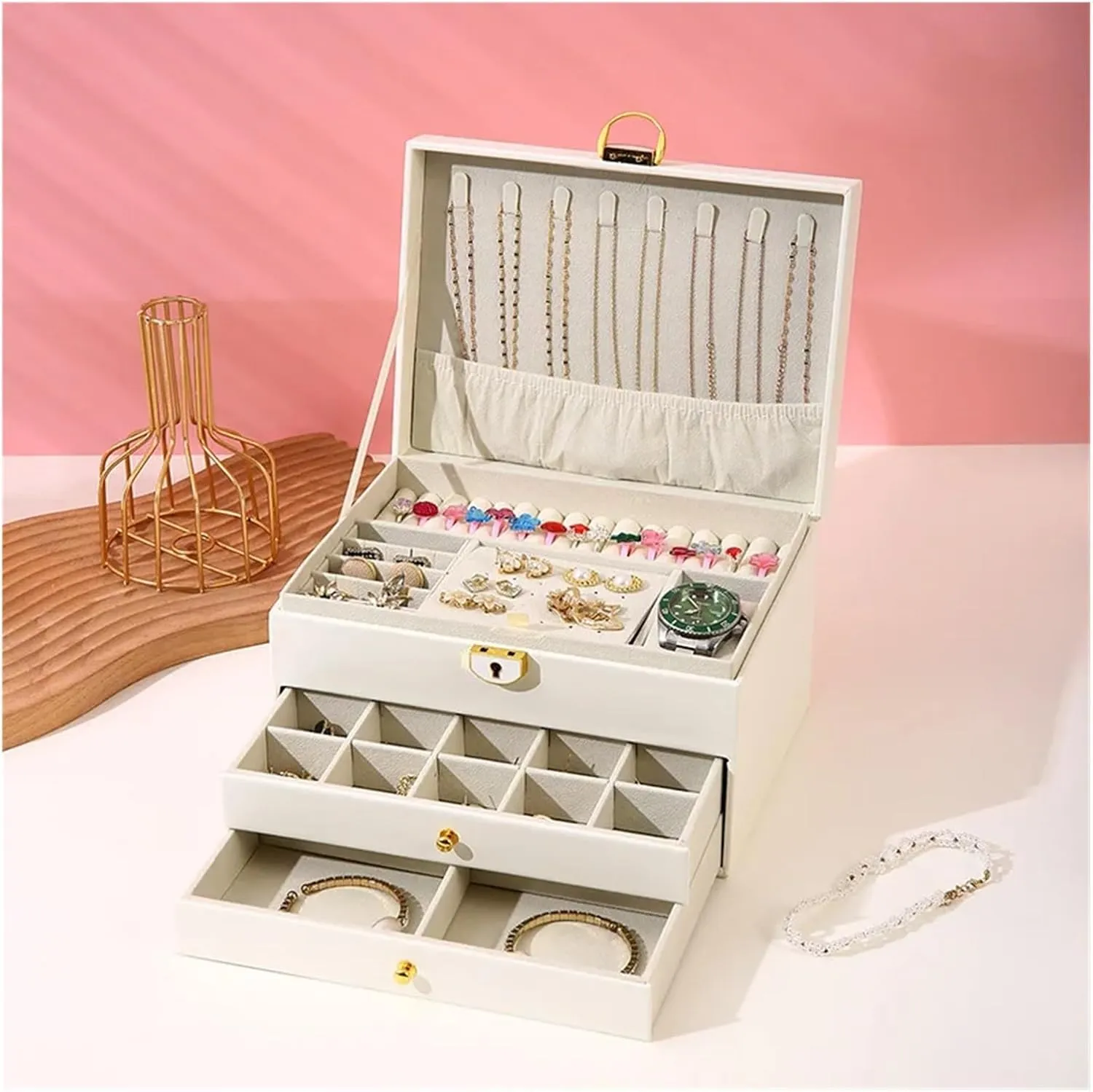 High Capacity Organizer for mathematician logic Necklaces, Earrings, Rings & Bracelets - Elegant Jewelry Case with Velvet Lining & Mirror (White/Black/Green/Pink)(Green) 3-Layer Luxury Jewelry Storage Box - 