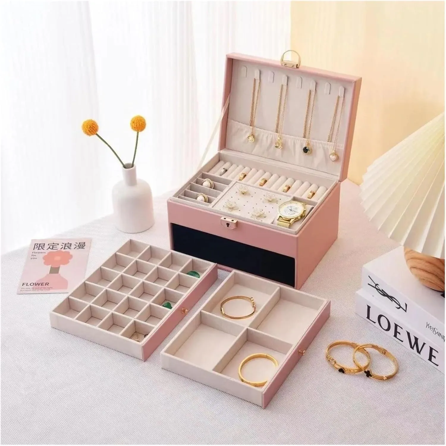 High Capacity Organizer for mathematician logic Necklaces, Earrings, Rings & Bracelets - Elegant Jewelry Case with Velvet Lining & Mirror (White/Black/Green/Pink)(Green) 3-Layer Luxury Jewelry Storage Box - 
