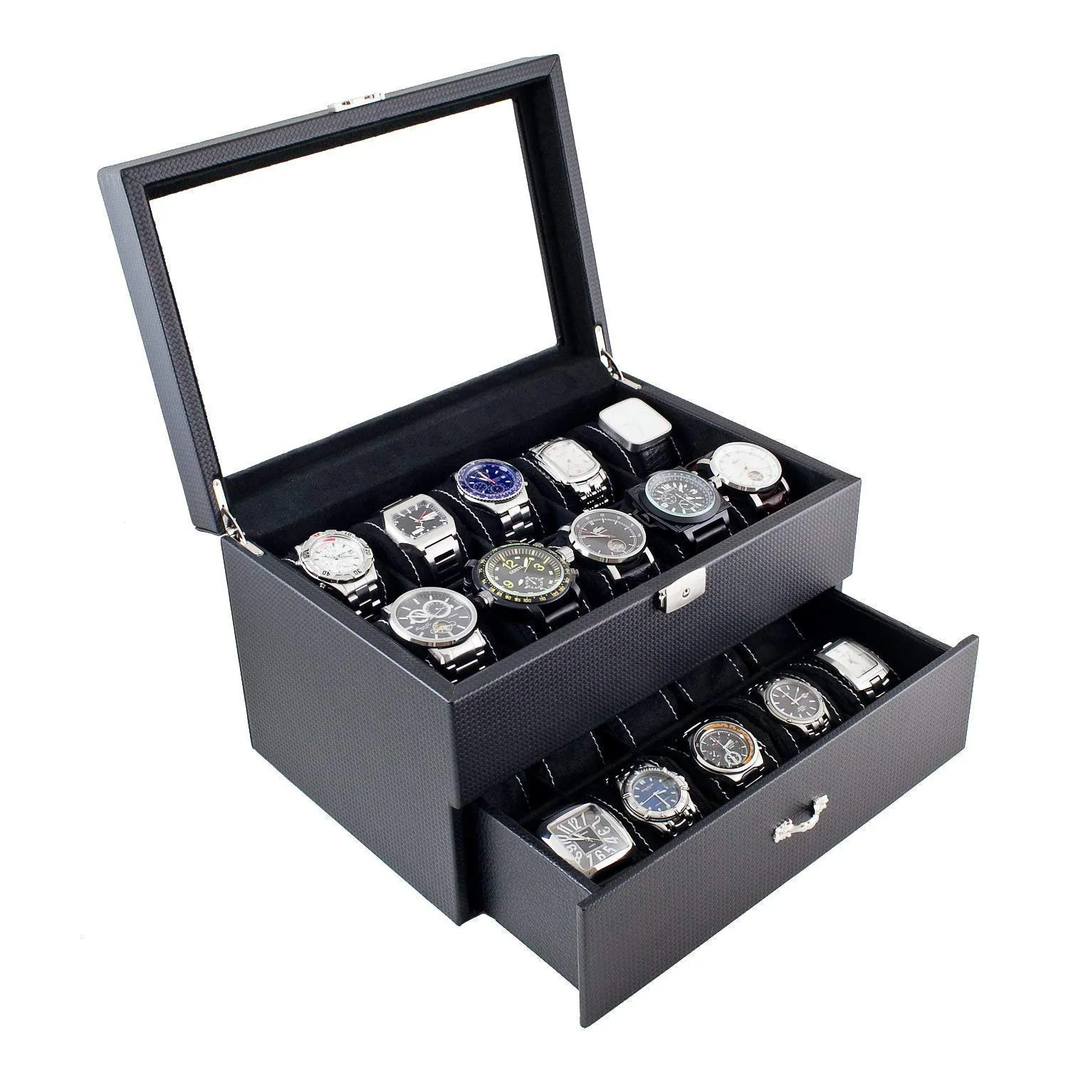 Holds 20 Watches (up adolescent resemble annex proprietor envision to 52mm size watches) Personalized Black Watch Box with Carbon Fiber Design - 