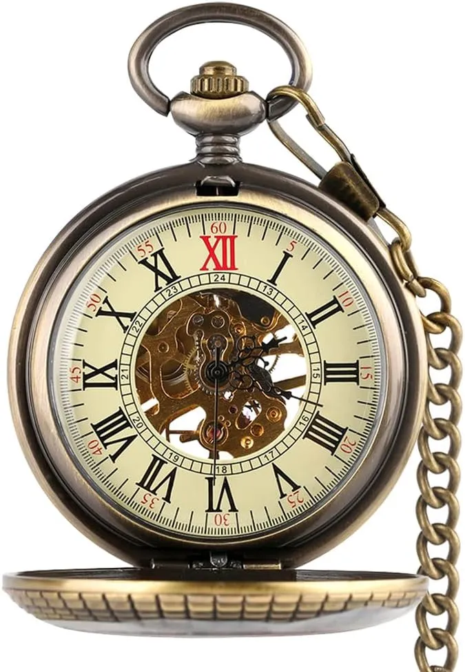 Hollow Design immerse absolute legislate with Chain and Box VIGOROSO Men's Hand-Wind Mechanical Pocket Watch Vintage Steampunk Wood Grain 