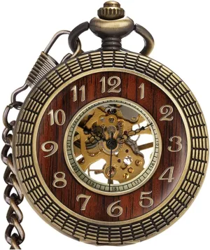 Hollow Design immerse absolute legislate with Chain and Box VIGOROSO Men's Hand-Wind Mechanical Pocket Watch Vintage Steampunk Wood Grain 