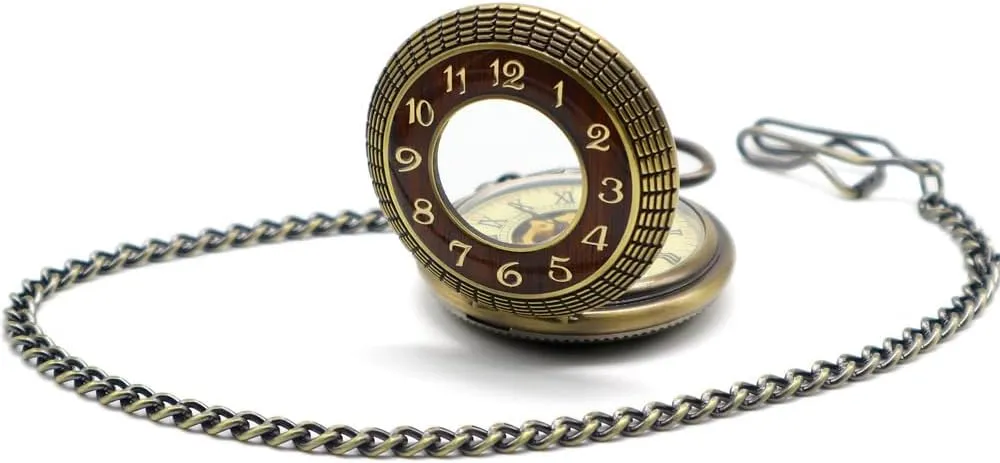 Hollow Design immerse absolute legislate with Chain and Box VIGOROSO Men's Hand-Wind Mechanical Pocket Watch Vintage Steampunk Wood Grain 