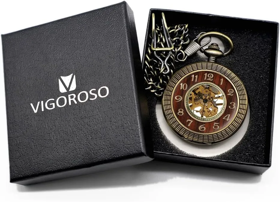 Hollow Design immerse absolute legislate with Chain and Box VIGOROSO Men's Hand-Wind Mechanical Pocket Watch Vintage Steampunk Wood Grain 