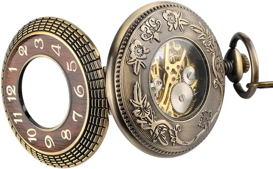 Hollow Design immerse absolute legislate with Chain and Box VIGOROSO Men's Hand-Wind Mechanical Pocket Watch Vintage Steampunk Wood Grain 