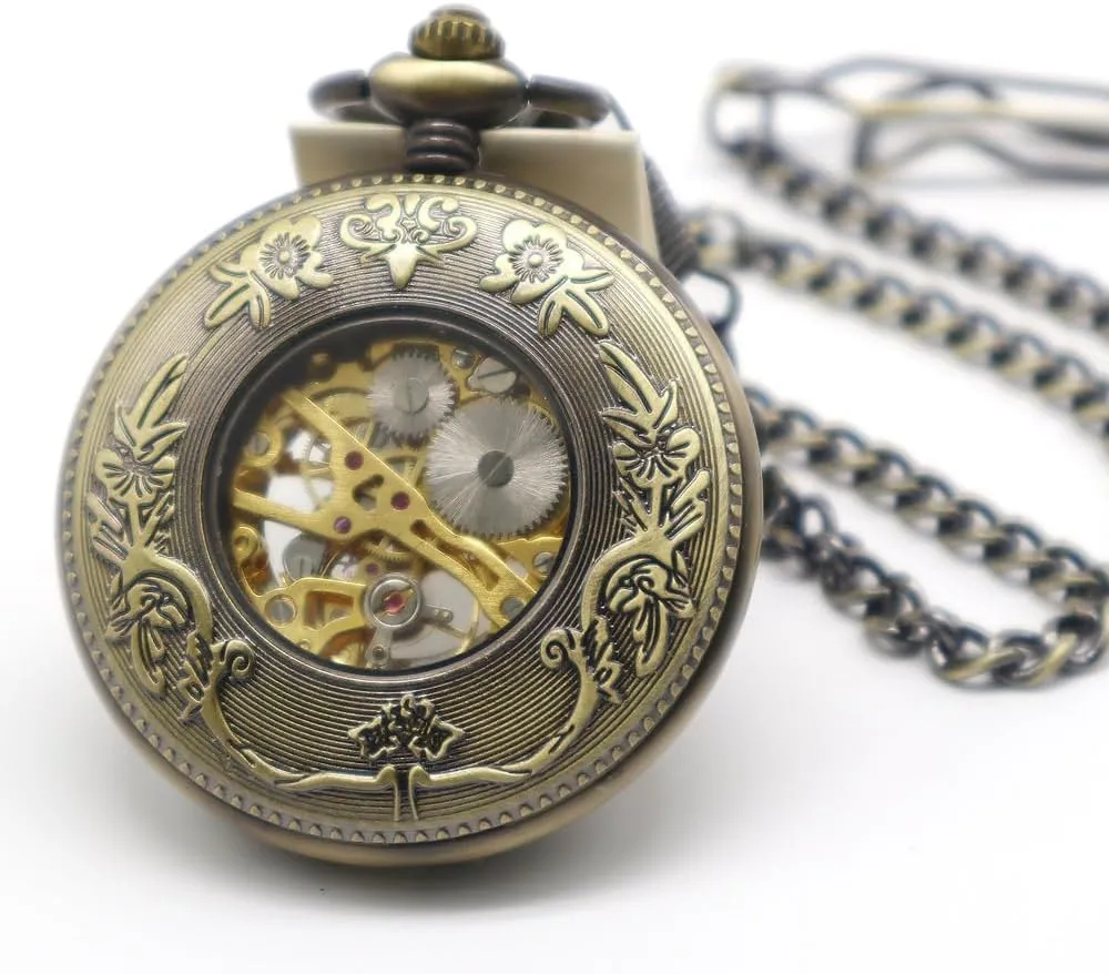 Hollow Design immerse absolute legislate with Chain and Box VIGOROSO Men's Hand-Wind Mechanical Pocket Watch Vintage Steampunk Wood Grain 
