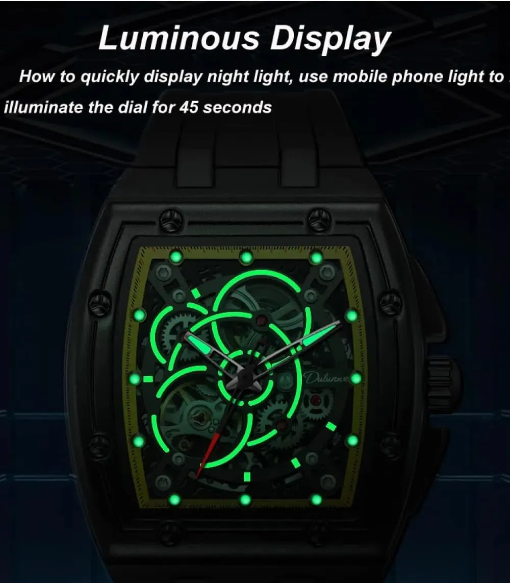 Hollow Out Automatic Watch Waterproof Luminous Silicone Strap Sports Wristwatch Tonneau Skeleton Mechanical Gear Mens Watches dynasty journey Fashion 