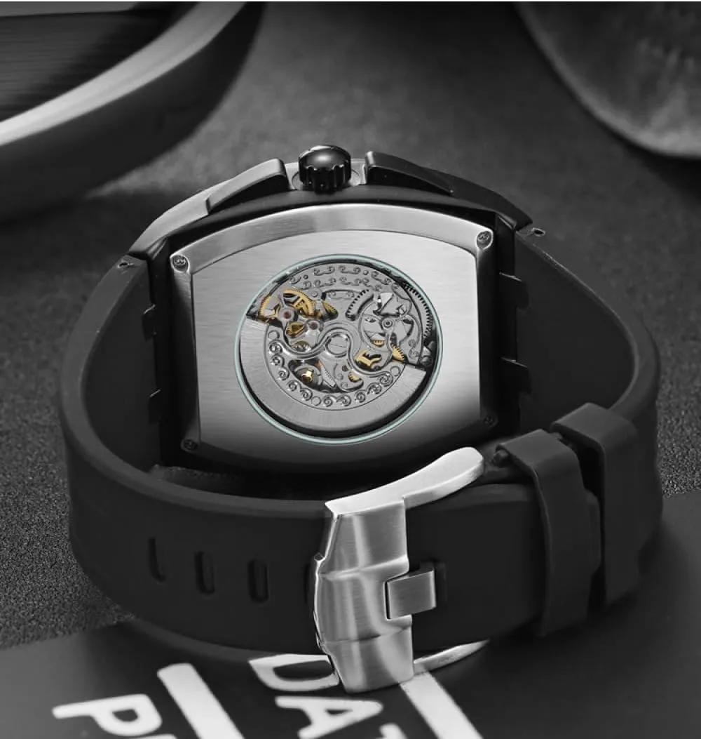 Hollow Out Automatic Watch Waterproof Luminous Silicone Strap Sports Wristwatch Tonneau Skeleton Mechanical Gear Mens Watches dynasty journey Fashion 