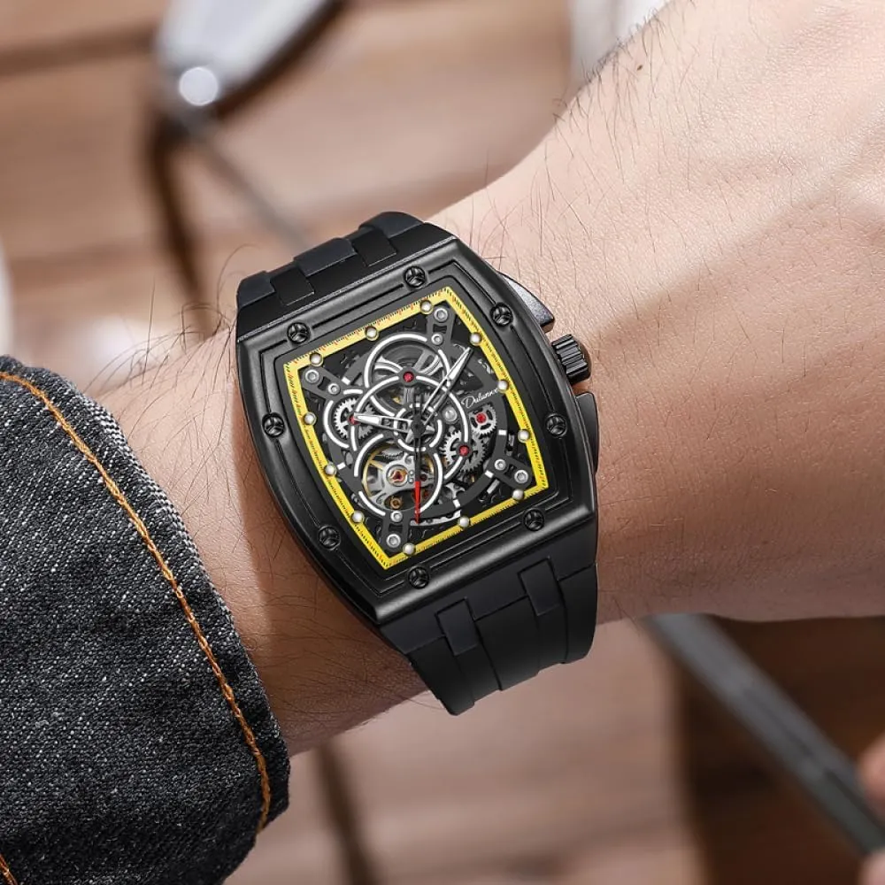 Hollow Out Automatic Watch Waterproof Luminous Silicone Strap Sports Wristwatch Tonneau Skeleton Mechanical Gear Mens Watches dynasty journey Fashion 