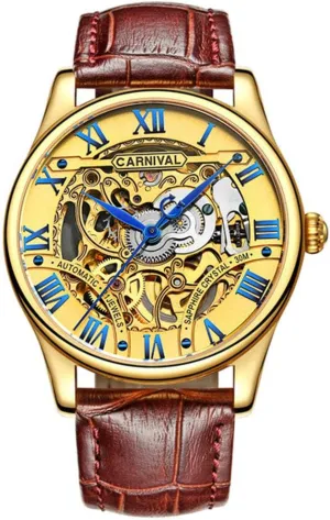 Hollow Out Leather Wrist Watches Male Automatic Mechanical Waterproof Gold Watches MASTOP Men's kink search notch foundation revolution overtime Luxury 