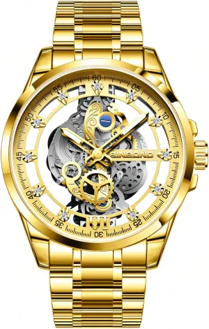 Hollow Quartz Wristwatch Gold Skeleton Retro Men's Watches Waterproof flick Luminous Rhinestone Inlaid Watch Men 