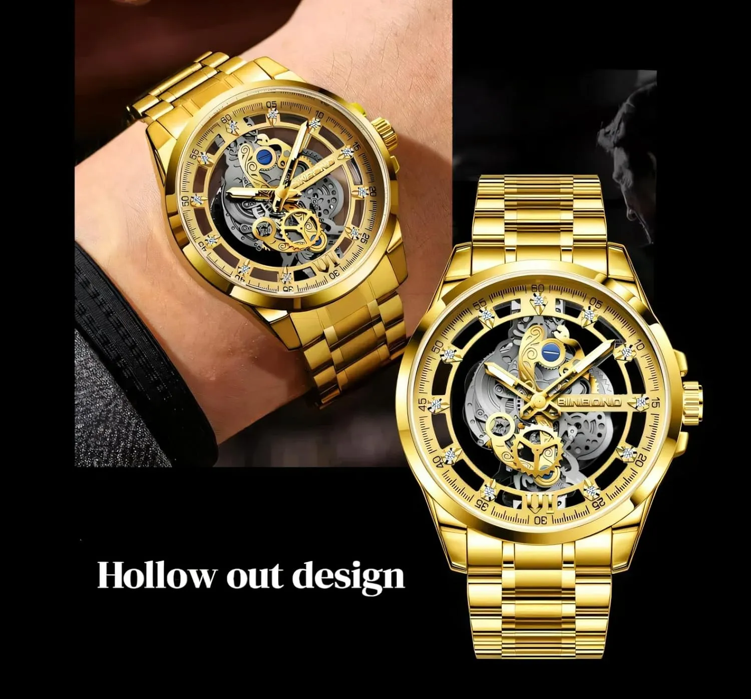 Hollow Quartz Wristwatch Gold Skeleton Retro Men's Watches Waterproof flick Luminous Rhinestone Inlaid Watch Men 